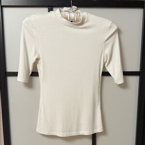 Twenty Montréal White Ribbed Mock Neck Tee Elbow Sleeve Top Size S